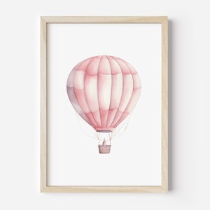 Impresión de globo aerostático, arte de pared imprimible, decoración de guardería vintage, decoración de habitación de niñas de viaje rosa, decoración de habitación para niños Descarga digital