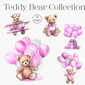 Watercolor Birthday Teddy Bear Clipart Collection | Baby Pink Gift Decor Toy Ballons Plane | Newborn Baby Showers Pink Teddy Bears