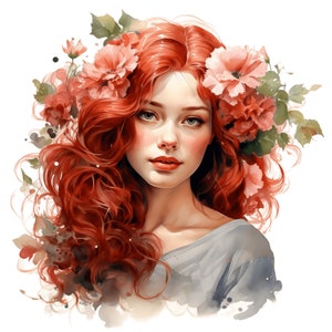 Aquarel rood haar meisjes clipart 10 JPG meisje clip art afdrukbare kleine zeemeermin Ariel JPG pastel magische meisje Art Print gratis commercieel gebruik