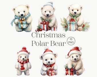 Navidad Oso Polar Invierno / 10 PNG / Lindo Oso Polar Clipart Paquete de acuarela Perfecto para revistas basura Invitaciones Sublimación etc.