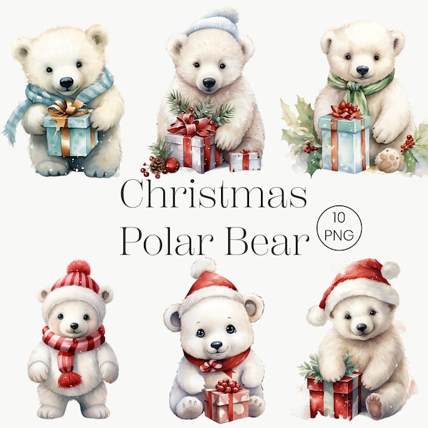 Christmas Polar Bear Winter | 10 PNG | Cute Polar Bear Clipart Watercolor bundle Perfect for Junk Journals Invitations Sublimation etc