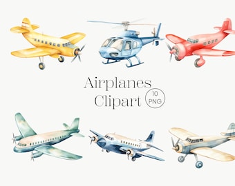 Avión Clipart / 10 PNG / Acuarela Aviación Clipart Acuarela Avión Vintage Boho Avión Viaje Clipart Helicóptero Clipart Aviones