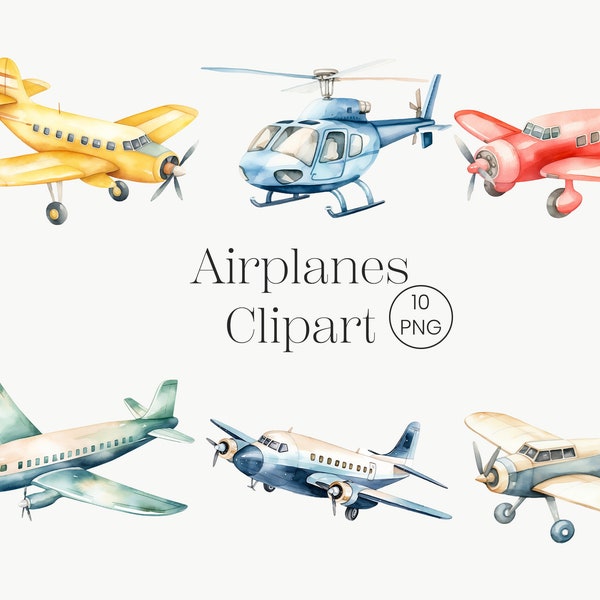 Airplane Clipart | 10 PNG | Watercolor Aviation Clipart Watercolor Aircraft Vintage Boho Airplane Travel Clipart Helicopter Clipart Planes