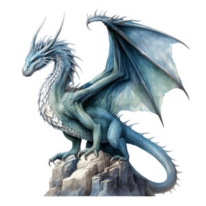 Puede incluir: Un drag&oacute;n azul con detalles blancos est&aacute; posado en un afloramiento rocoso. El drag&oacute;n tiene alas grandes, una cola larga y garras afiladas. Est&aacute; mirando hacia la izquierda de la imagen.