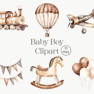 Vintage Reise Junge Wand Kunst 10 PNG Baby Boy Aquarell Clipart Druckbare Transport Boho Kinderzimmer Dekor Beige Heißluftballon Flugzeug Zug