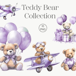 Aquarell Geburtstag Teddy Bär Clipart Sammlung für die kommerzielle Nutzung | Lila Geschenk Deko Spielzeug Ballons Flugzeug | Neugeborene Baby Flugzeug Bild
