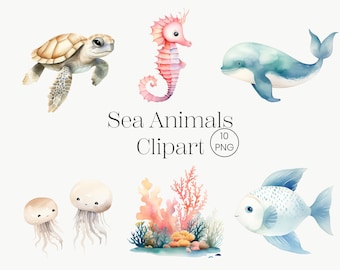 Sea Life Clipart | 10 PNG | Watercolor Sea Life Clipart, Under the Sea Clipart, Ocean Animals Clipart, Whale Clipart, Cute Sea Animals