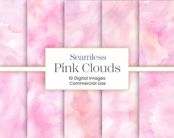Può includere: Dieci motivi di carta digitale senza cuciture con morbide nuvole di acquerello rosa e bianche. Il testo "Seamless Pink Clouds" e "10 Digital Images Commercial Use" è visualizzato sull'immagine.