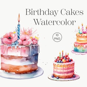 Può includere: Tre illustrazioni ad acquerello di torte di compleanno. La prima torta è decorata con fiori rosa e una candela blu. La seconda torta è una torta a due piani con glassa arcobaleno e strati rosa e gialli. La terza torta è decorata con ciliegie e mirtilli.