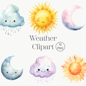 Aquarelle Soleil, Lune, Nuage Clipart | 10 PNG | Aquarelle Météo Clip art Nursery Decor Imprimable de haute qualité Téléchargement numérique Paper Craft
