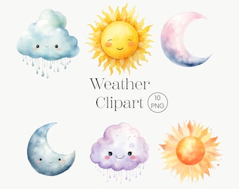 Watercolor Sun, Moon, Cloud Clipart | 10 PNG | Watercolor Weather Clip art Nursery Decor Printable High Quality Digital Download Paper Craft