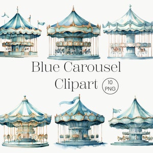 Carrousel bleu aquarelle Clipart | 10 PNG transparents | Pépinière Art Carrousel Cheval Carrousel Baby Shower Carnaval Clipart Carrousel Poney