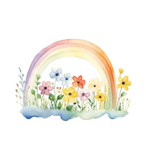 Regenboog clipart | 10 JPG | Kleurrijke kwekerij regenboog met bloemen, hoge kwaliteit PNG, afdrukbare aquarel clipart, digitale download