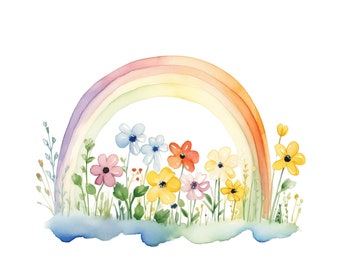 Rainbow Clipart | 10 JPG | Colorful Nursery Rainbow with Flowers, High Quality PNG, Printable Watercolor clipart, Digital download