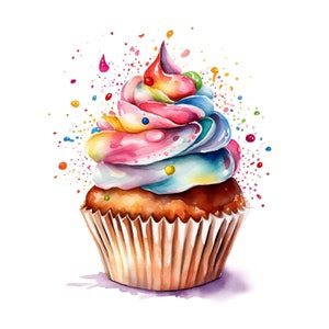 10 coloridos cupcakes acuarela clipart / archivos JPG Clip Art / tarjeta de cumpleaños, descarga digital, creación de tarjetas, diario, calendario, camiseta