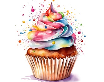10 Colorful Cupcake Watercolor Clipart | JPG files Clip Art | Birthday Card, Digital Download, Card Making, Journaling, Calendar, T-shirt