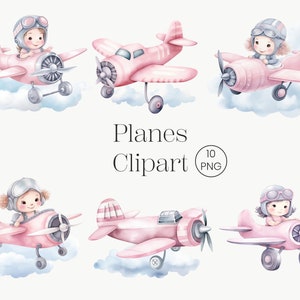 Flugzeuge Aquarell Clipart 10 PNG druckbare Reise Wandkunst, Reise Kinderzimmer Dekor, Mädchen Zimmer Dekor, Kinder Clipart, Baby Mädchen, Kinder Kunst