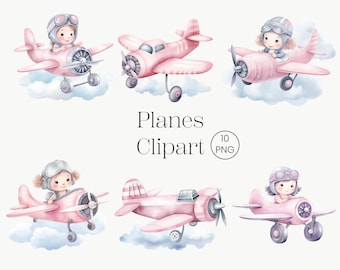 Airplanes Watercolor Clipart 10 PNG Printable Travel Wall Art, Travel Nursery Decor, Girls Room Decor, Kids Clipart, Baby Girl, Kids Art