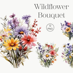 Wildflower Bouquet 12 Watercolor Clipart | High Quality PNG files Clip Art | Digital Download, Card Making, Journaling, Calendar, Digital
