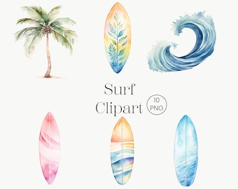 Watercolor Surf Clipart: Beach Waves, Surfboards, Palm Trees (PNG Digital Download)