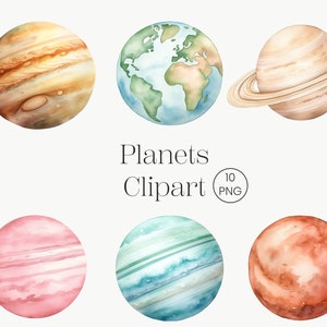 Op de afbeelding: Waterverf clipart van planeten in verschillende kleuren, waaronder blauw, groen, bruin, roze en oranje. De planeten hebben ringen en strepen. De tekst "Planets Clipart 10 PNG" staat onder de planeten.