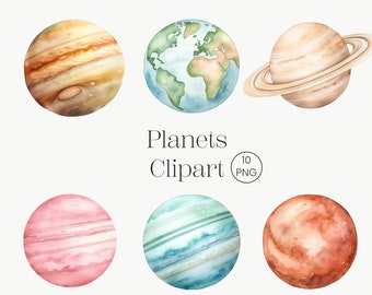 Watercolor Planets Clipart: Boho Space PNG Set (10 Files)