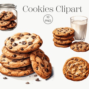 Op de afbeelding: Een stapel chocoladekoekjes, een enkel koekje en een glas melk. De koekjes zijn bruin en hebben chocoladechips erop. Het glas melk is helder en gevuld met witte melk.