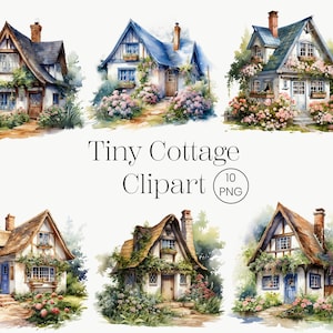 Watercolor Cottage Clipart, 10 PNG Tiny Cottage Core, Tiny House Clipart with Flowers, Farmhouse Fairy house, Digital Printable Graphics