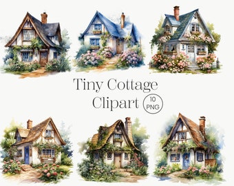 Aquarell Cottage Clipart, 10 PNG Tiny Cottage Core, Winziges Haus Clipart mit Blumen, Bauernhaus Feenhaus, digital druckbare Grafiken