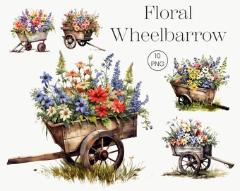 Watercolor Wheelbarrow Flowers Clipart | Spring Garden PNG (Digital Download)