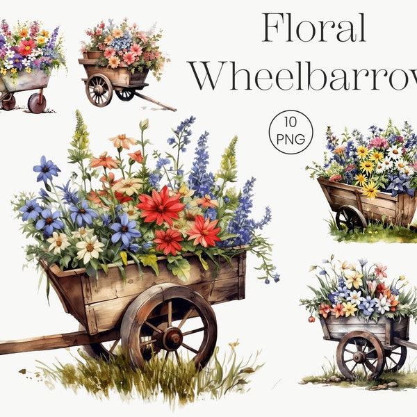 Wheelbarrow with Flowers Clipart 10 Transparent Clipart | Digital Download, Card Making, Journaling, Colorful Spring Flowers, Scrapbooking