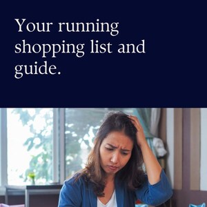 以下が含まれることがあります： 女性が買い物リストを持って、買い物袋に囲まれ、ストレスを感じている様子。画像の上部に「Your running shopping list and guide.」というテキストが書かれている。画像の下部に「Donna Hall Chronic disorganisation & Hoarding expert」というテキストが書かれている。