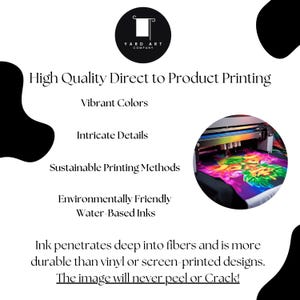 May include: A promotional image with a white background and black accents. It advertises direct-to-product printing, emphasizing vibrant colours, intricate details, sustainable methods, and water-based inks. The image will never peel or crack.