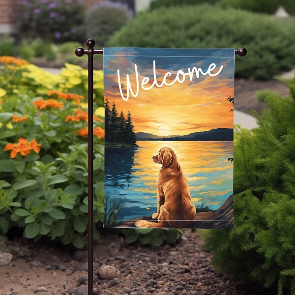 Spring Golden Retriever Garden flag, outdoor Lake garden flag with Golden, Summer dog yard flag, Spring Welcome flag, Hello Spring Dog flag