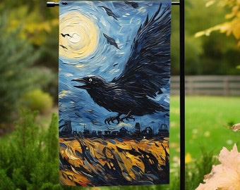 Fall Garden flag 12x 18, Spooky black raven outdoor Halloween garden flag, Autumn yard flag, Fall Welcome flag, Hello fall garden flag,