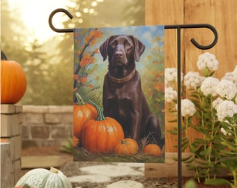Chocolate lab fall Garden flag, outdoor Autumn dog flag with lab, Halloween dog yard flag, Welcome flag, Hello fall Dog flag, cabin flag