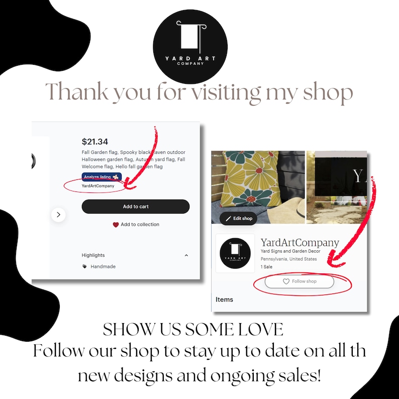 May include: Promotional image for Yard Art Company, showing screenshots of an Etsy listing and shop profile. The listing displays a fall garden flag for &pound;17. The shop profile includes a "Follow shop" button.