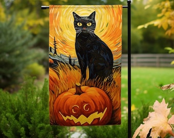May include: A black cat with yellow eyes stands in front of a jack-o'-lantern with a spooky face. The background is a painting of a sunset with swirling orange and yellow colors.
