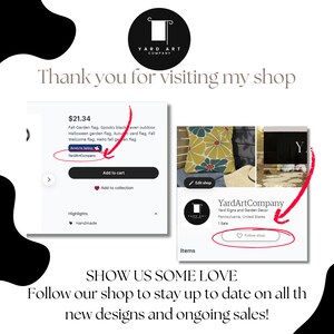 May include: A screenshot of an Etsy shop page for YardArtCompany, featuring a fall garden flag with a price of $21.34. The shop offers yard signs and garden decor. The image also includes a call to action to follow the shop.