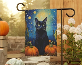 May include: A black cat with green eyes sits in a field of corn stalks and pumpkins under a starry night sky. The cat is surrounded by pumpkins and corn stalks. The background is a blue and purple sky with stars and a moon.