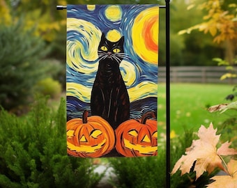 Fall Garden flag, Spooky black cat outdoor Halloween garden flag, Autumn yard flag, Fall Welcome flag, Hello fall garden flag