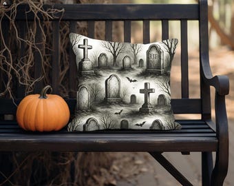 Décoration d'automne Halloween Outdoor porche oreiller - Coussin effrayant de cimetière, oreiller d'automne effrayant de décoration de porche pour banc de devant