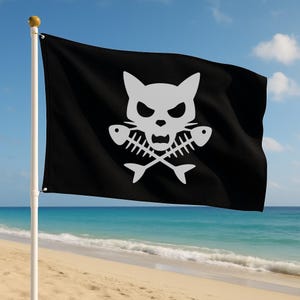 May include: A black pirate flag featuring a white cat skull and crossbones design. The cat skull has a fierce expression and the crossbones are made of fish bones.