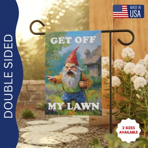 Bájate de mi letrero de césped Bandera del jardín de gnomos, bandera no deseada, pancarta del patio de verano, bandera del patio de despedida, decoración del patio de primavera bienvenida, pancarta de gnomo enojado