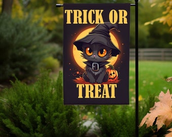 May include: A black Halloween garden flag featuring a cartoon black cat wearing a witch hat and collar, with a pumpkin and a full moon in the background. The words "TRICK OR TREAT" are printed in yellow.