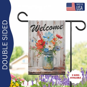 Spring Flower welcome banner, Porch flag, Summer Flowers in glass jar, Floral garden sign, deck flag Garden decor Rustic garden outdoor flag
