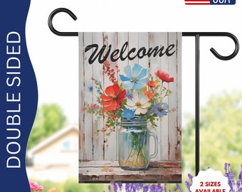 Spring Flower welcome banner, Porch flag, Summer Flowers in glass jar, Floral garden sign, deck flag Garden decor Rustic garden outdoor flag