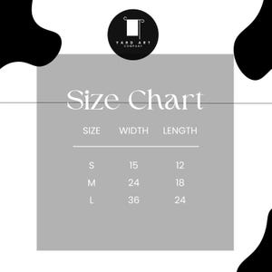 May include: A size chart with the text "Size Chart" in a white font. The chart lists sizes S, M, and L, with corresponding width and length measurements in inches. The Yard Art Company logo is at the top.