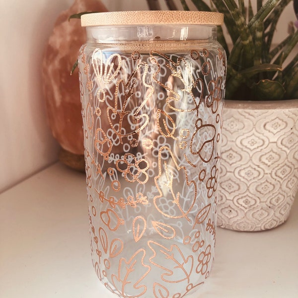 Autumn rose gold 16oz glass can with bamboo lid and glass straw-coffee addict- fall- gifts- morning coffee- iced coffee- cosy