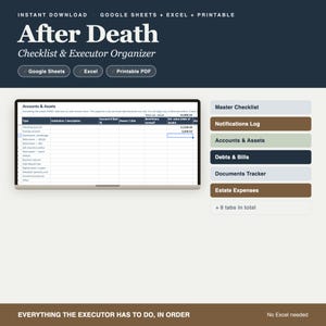 Checklista efter dödsfall, testamentsexekutor, dödsbouppteckningsspårare (digital nedladdning)